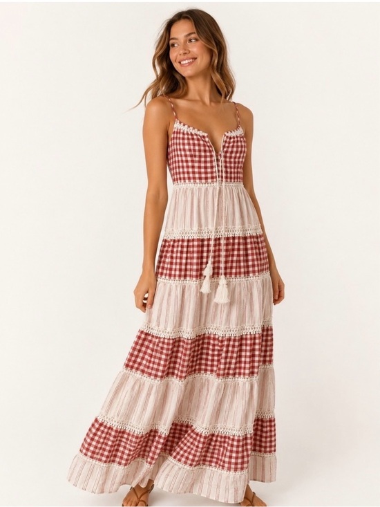Chelsea & Violet Dresses & Skirts - Chelsea & Violet Red Gingham Striped Tiered Maxi Dress XS Cotton Boho Tassel